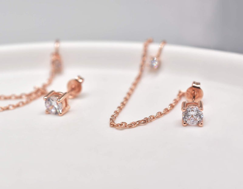 ELEDUCTMON Rose Gold Crystal Ear Cuff Earrings Chain - Sterling Silver Hypoallergenic Cubic Zirconia Ear Cuff Rhinestones Drop Dangle Earrings 2 in 1 earrings Piercing Jewelry Gift for Women - Image 4